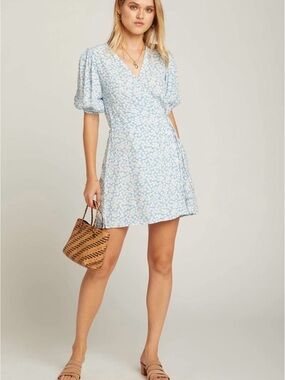 Faithfull the Brand Pale Blue Floral Wrap Mini Dress
